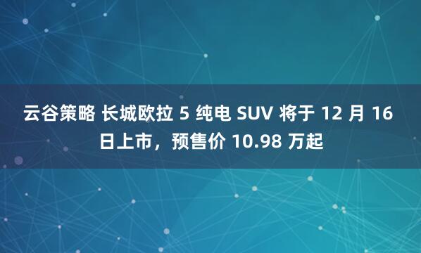 云谷策略 长城欧拉 5 纯电 SUV 将于 12 月 16 日上市，预售价 10.98 万起